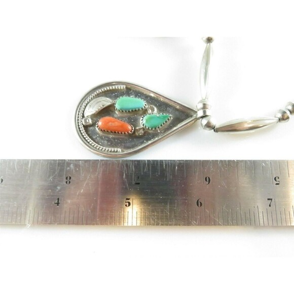 Tsethlikai Jo. Zuni Sterling Silver Coral Turquoise Bench Made Sterling Necklace - Picture 9 of 10